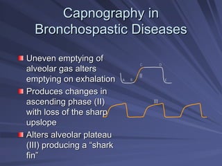 Capnography in
Capnography in
Bronchospastic
Bronchospastic Diseases
Diseases
Uneven emptying of
Uneven emptying of
alveolar gas alters
alveolar gas alters
emptying on exhalation
emptying on exhalation
Produces changes in
Produces changes in
ascending phase (II)
ascending phase (II)
with loss of the sharp
with loss of the sharp
upslope
upslope
Alters alveolar plateau
Alters alveolar plateau
(III) producing a
(III) producing a “
“shark
shark
fin
fin”
”
A B
C D
E
II
III
 