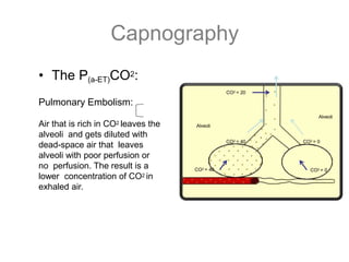 Capnography
• The P(a-ET)CO2:
Pulmonary Embolism:
Air that is rich in CO2 leaves the
alveoli and gets diluted with
dead-space air that leaves
alveoli with poor perfusion or
no perfusion. The result is a
lower concentration of CO2 in
exhaled air.
Alveoli
Alveoli
CO2 = 40
CO2 = 40
CO2 = 20
CO2 = 0
CO2 = 0
 