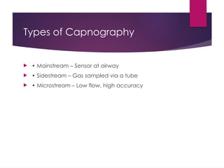 Types of Capnography
 • Mainstream – Sensor at airway
 • Sidestream – Gas sampled via a tube
 • Microstream – Low flow, high accuracy
 