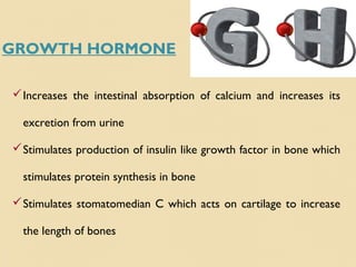Increases the intestinal absorption of calcium and increases its
excretion from urine
Stimulates production of insulin like growth factor in bone which
stimulates protein synthesis in bone
Stimulates stomatomedian C which acts on cartilage to increase
the length of bones
GROWTH HORMONE
 