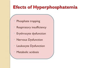 • Phosphate trapping
• Respiratory insufficiency
• Erythrocyte dysfunction
• Nervous Dysfunction
• Leukocyte Dysfunction
• Metabolic acidosis
 