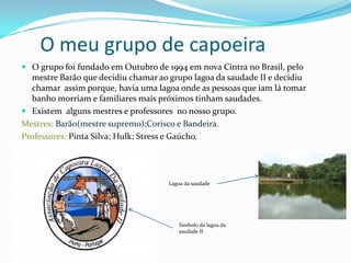 Conclusão______________________________9Introdução	Em Área de Projecto, escolhemos o tema “Desporto” que foi subdividido em dois subtemas: “A alimentação e hábitos de saúde”, já tratado nos outros períodos e “modalidades desportivas” das quais  escolhi a « capoeira».	Poderia escolher muitas  mais modalidades dentro da capoeira(maculele;…)mas a capoeira regional foi a que mais me fascinou.