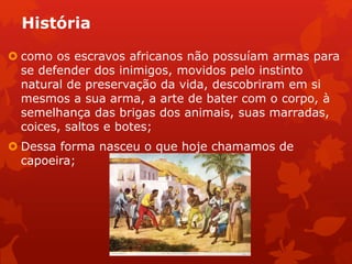 História
 como os escravos africanos não possuíam armas para
se defender dos inimigos, movidos pelo instinto
natural de preservação da vida, descobriram em si
mesmos a sua arma, a arte de bater com o corpo, à
semelhança das brigas dos animais, suas marradas,
coices, saltos e botes;
 Dessa forma nasceu o que hoje chamamos de
capoeira;
 