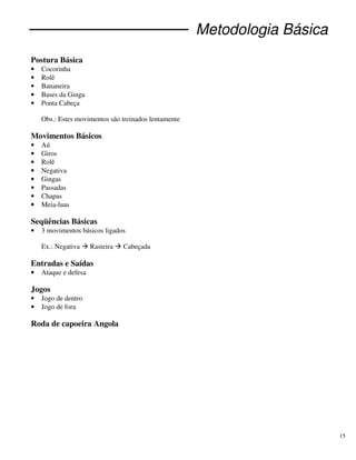 15
Metodologia Básica
Postura Básica
• Cocorinha
• Rolê
• Bananeira
• Bases da Ginga
• Ponta Cabeça
Obs.: Estes movimentos são treinados lentamente
Movimentos Básicos
• Aú
• Giros
• Rolê
• Negativa
• Gingas
• Passadas
• Chapas
• Meia-luas
Seqüências Básicas
• 3 movimentos básicos ligados
Ex.: Negativa Rasteira Cabeçada
Entradas e Saídas
• Ataque e defesa
Jogos
• Jogo de dentro
• Jogo de fora
Roda de capoeira Angola
 