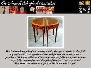 This is a matching pair of outstanding quality George III semi-circular fold-top card tables, in original condition and fresh to the market from a prominent Michigan collector. Classical furniture of this quality has become very highly sought after, and this pair of George III mahogany and kingwood card tables went for $34,500 in our sale last fall. 