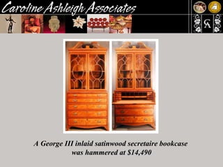 A George III inlaid satinwood secretaire bookcase  was hammered at $14,490 