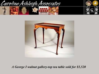 A George I walnut gallery-top tea table sold for $5,520 