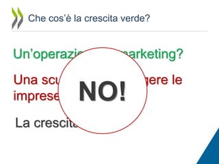 Che cos’è la crescita verde?

Un’operazione di marketing?

Una scusa per proteggere le
imprese “verdi”?

NO!

La crescita zero?

 