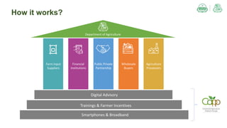 How it works?
Public Private
Partnership
Financial
Institutions
Farm Input
Suppliers
Wholesale
Buyers
Agriculture
Processors
Digital Advisory
Trainings & Farmer Incentives
Smartphones & Broadband
Department of Agriculture
 