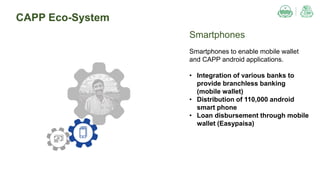 CAPP Eco-System
Smartphones
Smartphones to enable mobile wallet
and CAPP android applications.
• Integration of various banks to
provide branchless banking
(mobile wallet)
• Distribution of 110,000 android
smart phone
• Loan disbursement through mobile
wallet (Easypaisa)
 