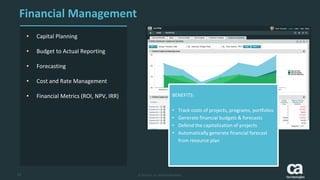 15 © 2016 CA. ALL RIGHTS RESERVED.
Financial Management
• Capital Planning
• Budget to Actual Reporting
• Forecasting
• Cost and Rate Management
• Financial Metrics (ROI, NPV, IRR) BENEFITS:
• Track costs of projects, programs, portfolios
• Generate financial budgets & forecasts
• Defend the capitalization of projects
• Automatically generate financial forecast
from resource plan
 