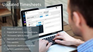 19 © 2016 CA. ALL RIGHTS RESERVED.
• Time period control
• Project & task control: lock time charging
• Permissions: rights to charge
• Approvals and workflows
• Time rejections
• Adjustments: adjust/correct for errors
• Software capitalization controls
Updated Timesheets
 
