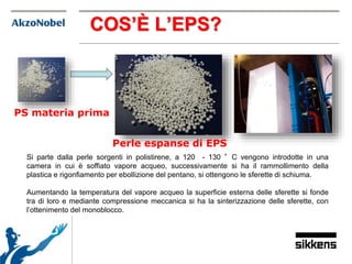 PS materia prima
Perle espanse di EPS
COS’È L’EPS?
Si parte dalla perle sorgenti in polistirene, a 120 - 130 °C vengono introdotte in una
camera in cui è soffiato vapore acqueo, successivamente si ha il rammollimento della
plastica e rigonfiamento per ebollizione del pentano, si ottengono le sferette di schiuma.
Aumentando la temperatura del vapore acqueo la superficie esterna delle sferette si fonde
tra di loro e mediante compressione meccanica si ha la sinterizzazione delle sferette, con
l’ottenimento del monoblocco.
 