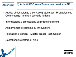 • Attività di consulenza e servizio gratuito per i Progettisti e la
Committenza, in tutto il territorio italiano
• Informazione e promozione su prodotti e sistemi
• Aggiornamento costante su innovazioni
• Formazione tecnica – Master presso Tech Center
• Sopralluoghi e lettere di ciclo
1) Attività PSC Area Toscana e provincia SP
 