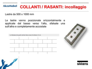 COLLANTI / RASANTI: incollaggio
Lastre da 500 x 1000 mm
Le lastre vanno posizionate orizzontalmente e
applicate dal basso verso l’alto, sfalsate una
sull’altra e completamente accostate
 