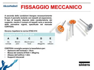 FISSAGGIO MECCANICO
A seconda delle condizioni bisogna necessariamente
fissare il pannello isolante con tasselli ad espansione.
Il tipo di tassello dipende dalle caratteristiche del
supporto, mentre il numero di tasselli varia a seconda
delle normative vigenti, specificate nel manuale
CORTEXA.
Devono rispettare la norma ETAG 014
CORTEXA consiglia sempre la tassellatura per:
• Spessore dell’isolante > 10cm
• Massa del sistema ETICS > 30kg/mq
• Altezza dell’edificio > 22m
• Supporti intonacati
Categorie d’uso ETAG 014
A B C D E
Cls
normale
Blocchi
pieni
Blocchi cavi o
forati
Cls
alleggerito
Cls
cellulare
 