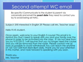 Second attempt WC email
     Be specific! Communicate to the student & parent via
     voicemails and email the exact date they need to contact you
     by to avoid being set NAC.


Subject: Still interested in English 3? Please call Mrs. Teacher asap!

Hello FLVS student,

Once again, welcome to your English 3 course! This email is to
remind you that I need to speak with you and your family over the
phone in order to be activated into the class. If I do not hear from
you by 9/27/2012, I will assume that you no longer need the course
and you will be removed from the roster. Please contact me as
soon as possible to avoid withdrawal! You can reach me anytime
at 123-123-1234 from 8am-8pm daily. Thank you for your attention
in this matter, and I look forward to speaking with you soon.

Thank you,
Mrs. Teacher
 