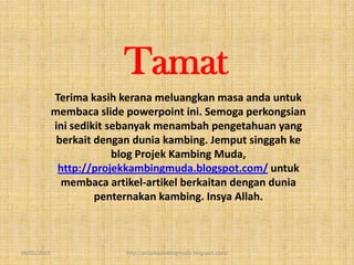 Tamat
             Terima kasih kerana meluangkan masa anda untuk
             membaca slide powerpoint ini. Semoga perkongsian
             ini sedikit sebanyak menambah pengetahuan yang
              berkait dengan dunia kambing. Jemput singgah ke
                          blog Projek Kambing Muda,
              http://projekkambingmuda.blogspot.com/ untuk
               membaca artikel-artikel berkaitan dengan dunia
                      penternakan kambing. Insya Allah.



09/02/2013                 http://projekkambingmuda.blogspot.com/
 