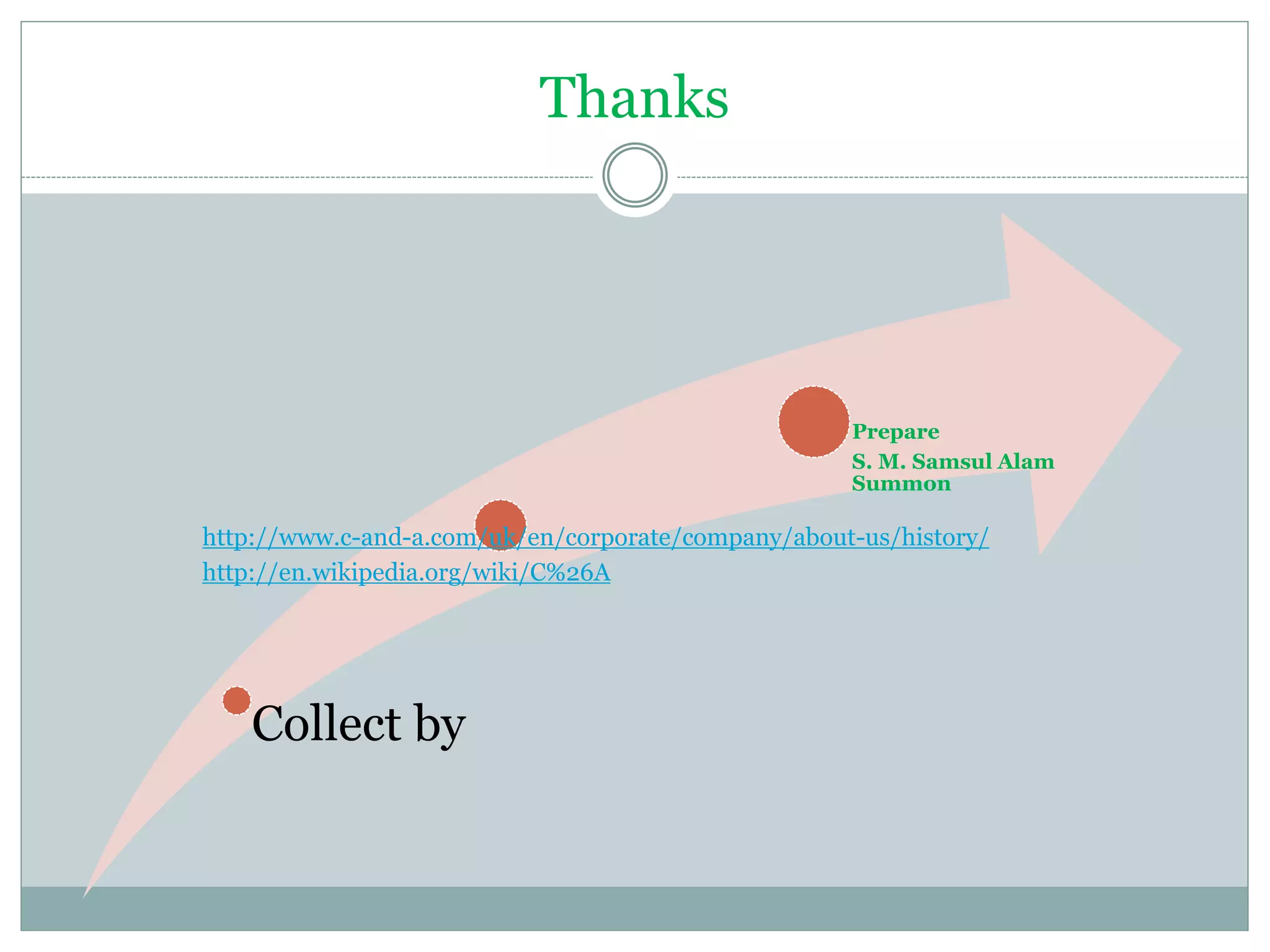 Thanks 
http://www.c-and-a.com/uk/en/corporate/company/about-us/history/ 
http://en.wikipedia.org/wiki/C%26A 
Collect by 
Prepare 
S. M. Samsul Alam 
Summon 
