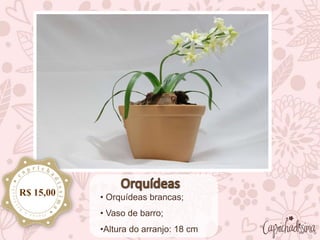 • Orquídeas brancas;
• Vaso de barro;
•Altura do arranjo: 18 cm
R$ 15,00
 