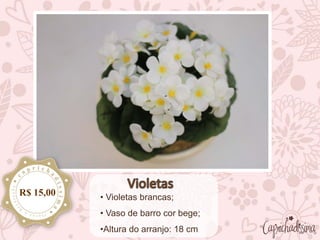 • Violetas brancas;
• Vaso de barro cor bege;
•Altura do arranjo: 18 cm
R$ 15,00
 
