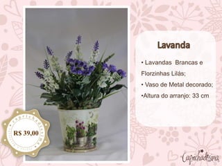 • Lavandas Brancas e
Florzinhas Lilás;
• Vaso de Metal decorado;
•Altura do arranjo: 33 cm
R$ 39,00
 