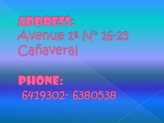 Address:  Avenue 1ª N° 16-25 Cañaveral Phone: 6419302- 6380538 