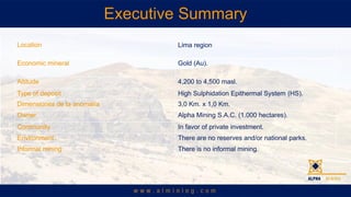 Executive Summary
Location Lima region
Economic mineral Gold (Au).
Altitude 4,200 to 4,500 masl.
Type of deposit High Sulphidation Epithermal System (HS).
Dimensiones de la anomala 3,0 Km. x 1,0 Km.
Owner Alpha Mining S.A.C. (1.000 hectares).
Community In favor of private investment.
Environment There are no reserves and/or national parks.
Informal mining There is no informal mining.
 