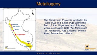 Metallogeny
The Capricornio Project is located in the
Gold (Au) and Silver (Ag) Epithermal
Belt of the Oligocene and Pliocene,
where are located Gold (Au) Mines such
as Yanacocha, Alto Chicama, Pierina,
Arasi, Aruntani and others.
 