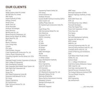 OUR CLIENTS
ACC Ltd.
Adobe Systems India Pvt Limited
AECOM India Pvt Limited
After Studio
Airport Authority of India
Ambuja Cements
Ansals Group
Apollo Tyres Ltd
Arcop Associates
Aristocrat Technologies
Avery Dennison
Bechtel India Pvt. Ltd.
Bharat Pumps & Compressors Ltd.
Bharat Sanchar Nigam Ltd. (BSNL)
Bharti Retail Pvt. Ltd.
BITS Pilani
Bluent E-Solutions
Cairn Energy India
Canvera
CEG Jaipur
Chief Architect, Haryana
Cinda Engineering & Construction Pvt. Ltd.
Colenco Power Engineering Ltd.
Consulting Engineers Services (India) Ltd. (CES)
CPWD
Dedicated Freight Corridor Corporation of India Ltd
Delhi College of Engineering
Delhi Development Authority
Delhi Integrated Multi-Modal Transit System Ltd.
Delhi Metro Rail Corporation Ltd.
Desein Pvt. Ltd
Design Plus
DHV Global Engineering Centre BV
Dimension India Network Pvt Ltd
DLF Group
Doosan Engineering
DQ Entertainment
Eigen Technical Services Pvt. Ltd.
Emaar MGF
Engineering Projects (India) Ltd.
Eros Group
Everest Industries Ltd.
Feedback Ventures
Gautam Buddh Technical University (GBTU)
Gherzi Eastern Ltd
Godfrey Philips India Ltd.
GS Engineering & Construction India Pvt.
Ltd.
Gujral Design Plus
HBA International (India) Pvt. Ltd.
Hero MotoCorp
Hindustan Zinc Ltd
HOLTEC Consulting
HUDA
ICT Ltd.
IIT Delhi
IIT Hyderabad
IIT Kanpur
IIT Roorkee
IL&FS Technologies
IRCON
ITM University
J K White Cement
Jaipur Development Authority
Kolor Kode
Korus Engineering
Larsen & Toubro Ltd.
LEA Associates
Louis Berger Group
M R Warerkar & Associates Pvt. Ltd.
Macawber Beekay Pvt Ltd
Mahindra & Mahindra
Manav Rachna International University
Mangalam Cements
Manipal Technologies Ltd
Maruti Ltd
Meinhardt Singapore
MNIT Jaipur
Municipal Corporation of Delhi
National Highways Authority of India
NBCC
North Delhi Power Ltd.
NTPC Ltd
Oil & Natural Gas Corp. (ONGC)
Parsvnath Developers
Photo Park Digital Press
Power Grid Corporation of India
Prime Focus Ltd.
Print Xpress
Punj Lloyd
Rail Land Development Authority
Rajcomp Info Services Ltd.
RITES Limited
RMSI Pvt. Ltd
Samsung Engineering India Pvt. Ltd.
Samsung Heavy Industries India Pvt. Ltd.
Schneider Electric India Pvt. Ltd.
School of Planning and Architecture,
Delhi
Scott Wilson India Private Limited
SEMAC Pvt. Ltd.
Siemens Power
Sir J. J. College of Architecture
Small Arms Factory (Ordnance), Kanpur
SMEC India Pvt. Ltd.
Sona Koyo steering system ltd.
Spectral Services Consultants Pvt Ltd
The Energy & Resources Institute (TERI)
The Louis Berger Group Inc.
Unitech Ltd.
WSP Engineering
Zee entertainment
....... plus many more
 