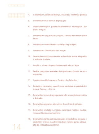 14
4. 	 Contemplar Controle de doenças, incluindo a resistência genética
			
5. 	 Contemplar novas técnicas de produção
			
6. 	 Desenvolver/adaptar pacotes/rotas/itinerários tecnológicos por
bioma e região
			
7. 	 Contemplar o Seqüestro de Carbono / Emissão de Gases de Efeito
Estufa
			
8. 	 Contemplar o melhoramento e manejo de pastagens
			
9. 	 Contemplar a Classificação de Carcaças
			
10. 	 Desenvolver estudos relacionados ao Bem Estar animal adequados
à realidade brasileira
			
11. 	 Ampliar o número de pesquisadores dedicados ao Setor
			
12. 	 Realizar pesquisas e avaliações de impactos econômicas, sociais e
ambientais
			
13. 	 Contemplar o Melhoramento Genético dos Rebanhos
			
14. 	 Estabelecer parâmetros específicos de identidade e qualidade lei-
teira de Caprinos e Ovinos
			
15. 	 Desenvolver formas de agregação de valor aos produtos primários
e derivados
			
16. 	 Desenvolver programas alternativos de controle de parasitas
			
17. 	 Desenvolver simuladores, modelos e planos de negócios modula-
res sustentáveis economicamente
			
18. 	 Desenvolver plantas-padrão adequadas à realidade da atividade e
estabelecer critérios e parâmetros claros inclusive para a adequa-
ção das instalações já existentes	
 