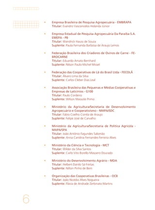 6
	 Empresa Brasileira de Pesquisa Agropecuária - EMBRAPA
	Titular: Evandro Vasconcelos Holanda Júnior
	 Empresa Estadual de Pesquisa Agropecuária Da Paraíba S.A.
	 EMEPA - PB
	Titular: Wandrick Hauss de Souza
	Suplente: Paula Fernanda Barbosa de Araujo Lemos
	 Federação Brasileira dos Criadores de Ovinos de Carne - FE-
BROCARNE
	Titular: Eduardo Amato Bernhard
	Suplente: Nilson Paulo Michel Missel
	 Federação das Cooperativas de Lã do Brasil Ltda - FECOLÃ
	Titular: Álvaro Lima da Silva
	Suplente: Carlos Cleber Dias Leal
	 Associação Brasileira das Pequenas e Médias Cooperativas e
Empresas de Laticínios - G100
	Titular: Paulo Cordeiro
	Suplente: Wilson Massote Primo
	 Ministério da Agricultura/Secretaria de Desenvolvimento
Agropecuário e Cooperativismo - MAPA/SDC
	Titular: Fábio Coelho Corrêa de Araujo
	Suplente: Felipe José de Carvalho
	 Ministério da Agricultura/Secretaria de Política Agrícola -
MAPA/SPA
	Titular: João Antônio Fagundes Salomão
	Suplente: Anna Carolina Fernandes Ferreira Alves
	 Ministério da Ciência e Tecnologia - MCT
	Titular: Wilder da Silva Santos
	Suplente: Carlo Vito Borello Masoero Dourado
	 Ministério do Desenvolvimento Agrário - MDA
	Titular: Helbert Danilo Sá Freitas
	Suplente: Nilton Pinho de Bem
	 Organização das Cooperativas Brasileiras - OCB
	Titular: João Nicédio Alves Nogueira
	Suplente: Flávia de Andrade Zerbinato Martins
 