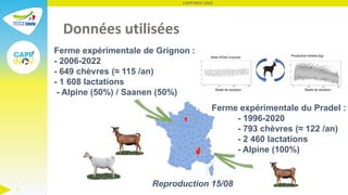 Données utilisées
CAPR'INOV 2023
2
Ferme expérimentale de Grignon :
- 2006-2022
- 649 chèvres (≈ 115 /an)
- 1 608 lactatio...