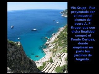 Vía Krupp - Fue
proyectada por
el industrial
alemán del
acero A. F.
Krupp, que con
dicha finalidad
compró el
Fondo Certosa,
donde
empiezan en
parte los
jardines de
Augusto.
 