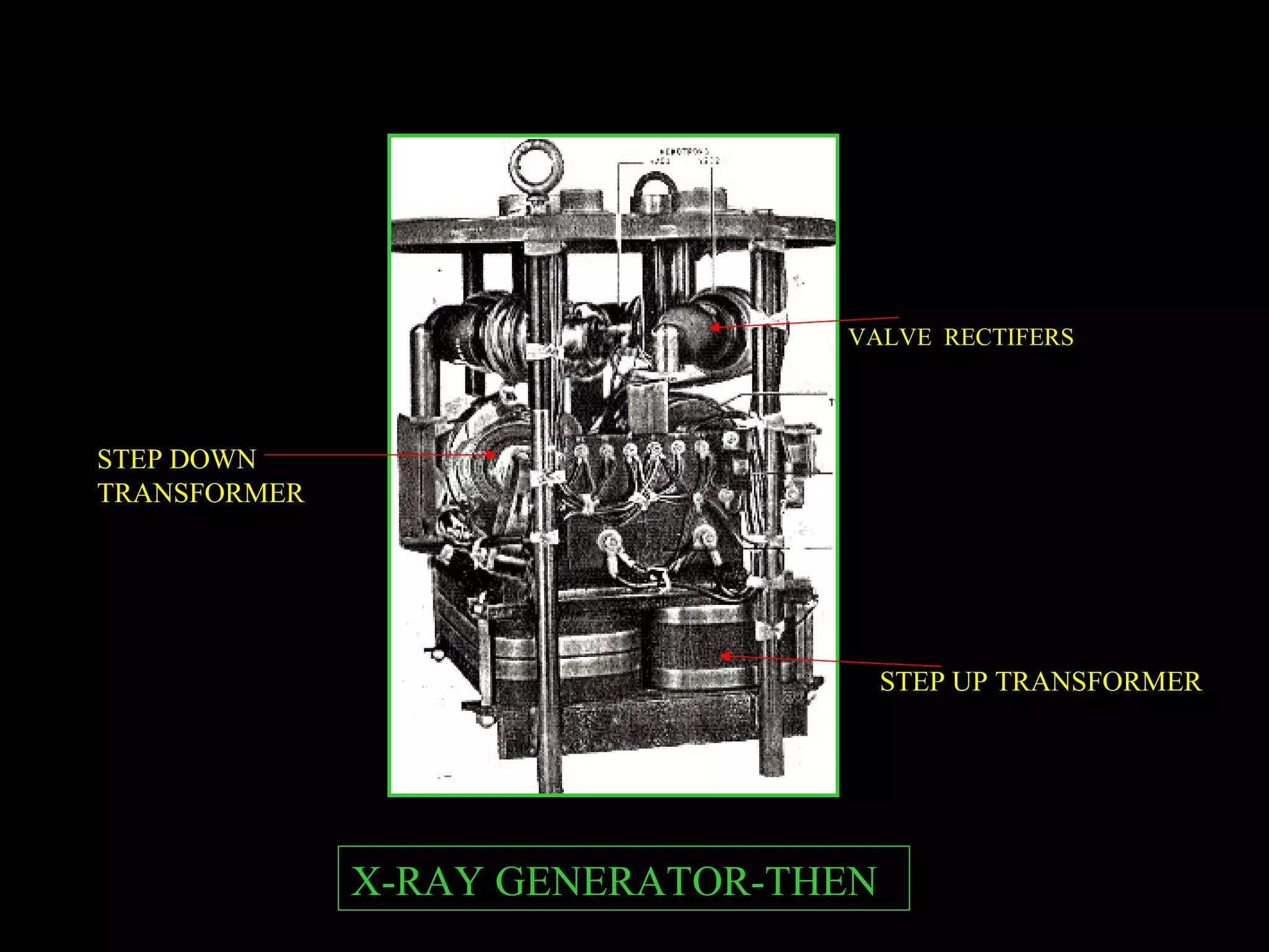VALVE RECTIFERS 
X-RAY GENERATOR-THEN 
STEP UP TRANSFORMER 
STEP DOWN 
TRANSFORMER 
 