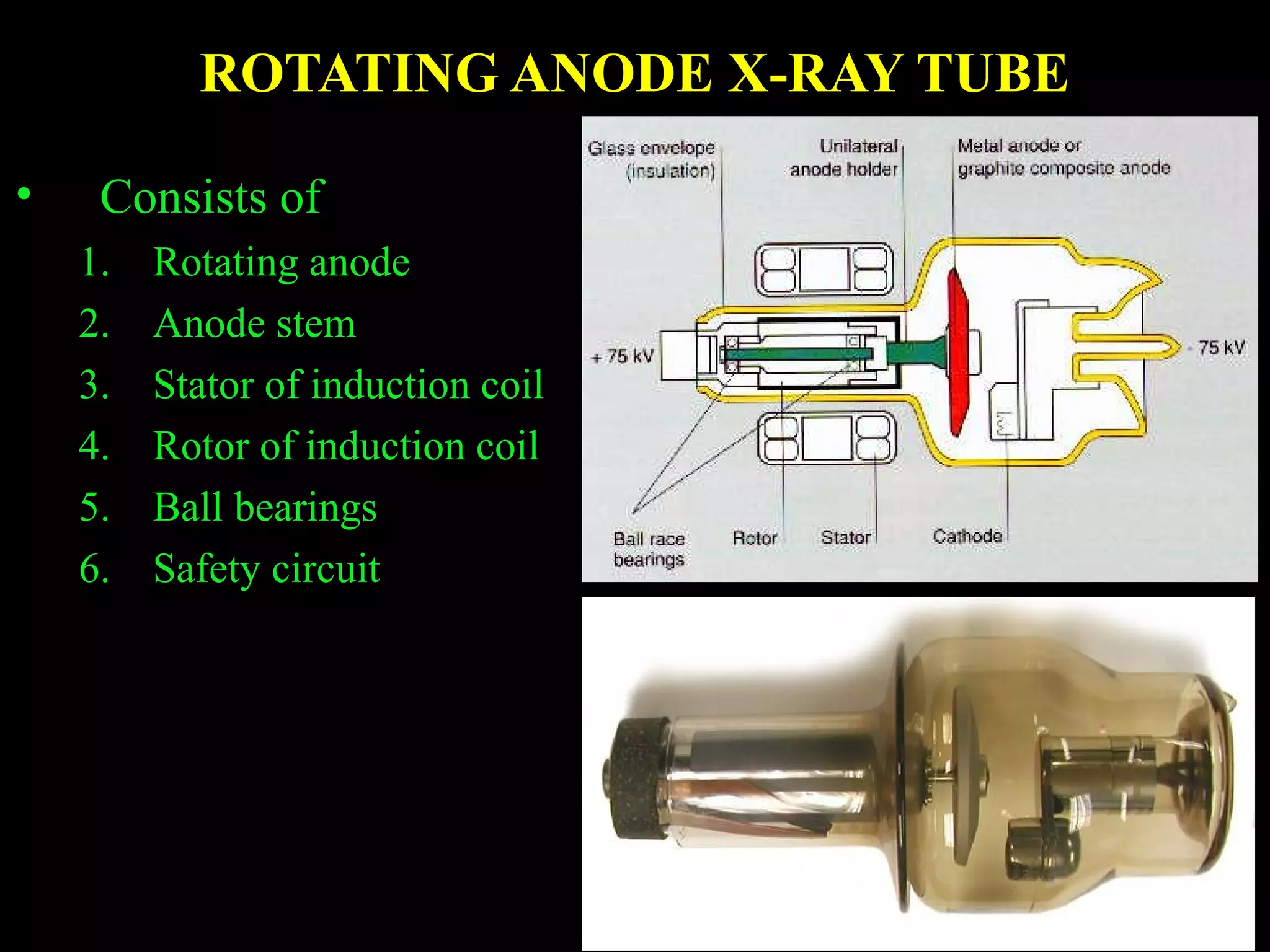 ROTATING ANODE X-RAY TUBE 
• Consists of 
1. Rotating anode 
2. Anode stem 
3. Stator of induction coil 
4. Rotor of induction coil 
5. Ball bearings 
6. Safety circuit 
 
