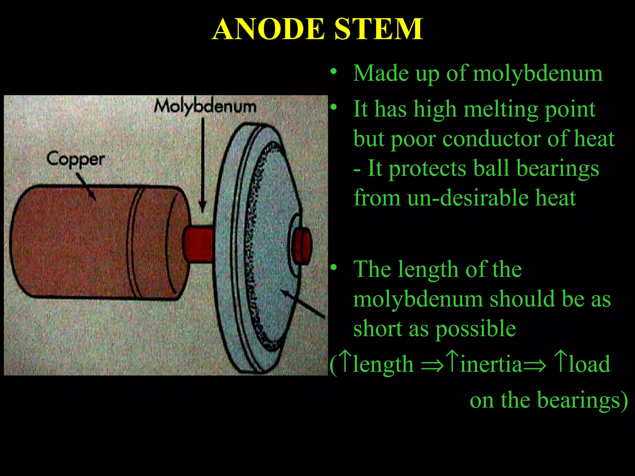 ANODE STEM 
• Made up of molybdenum 
• It has high melting point 
but poor conductor of heat 
- It protects ball bearings 
from un-desirable heat 
• The length of the 
molybdenum should be as 
short as possible 
(­length Þ­inertiaÞ ­load 
on the bearings) 
 