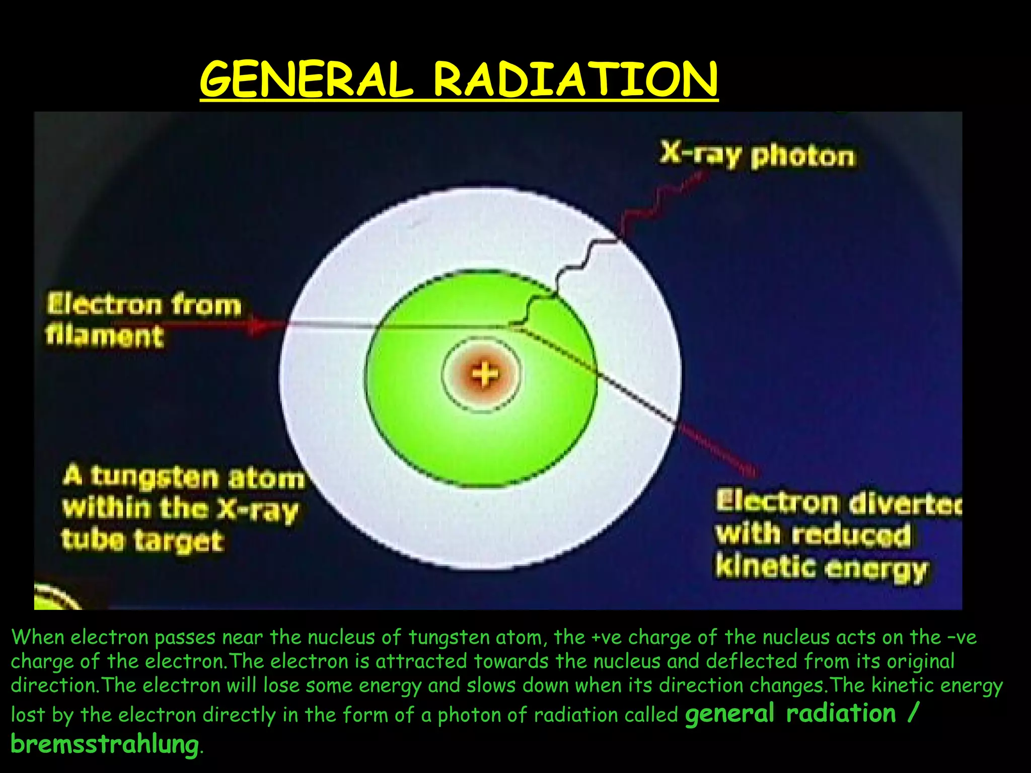 GENERAL RADIATION 
When electron passes near the nucleus of tungsten atom, the +ve charge of the nucleus acts on the –ve 
charge of the electron.The electron is attracted towards the nucleus and deflected from its original 
direction.The electron will lose some energy and slows down when its direction changes.The kinetic energy 
lost by the electron directly in the form of a photon of radiation called general radiation / 
bremsstrahlung. 
 