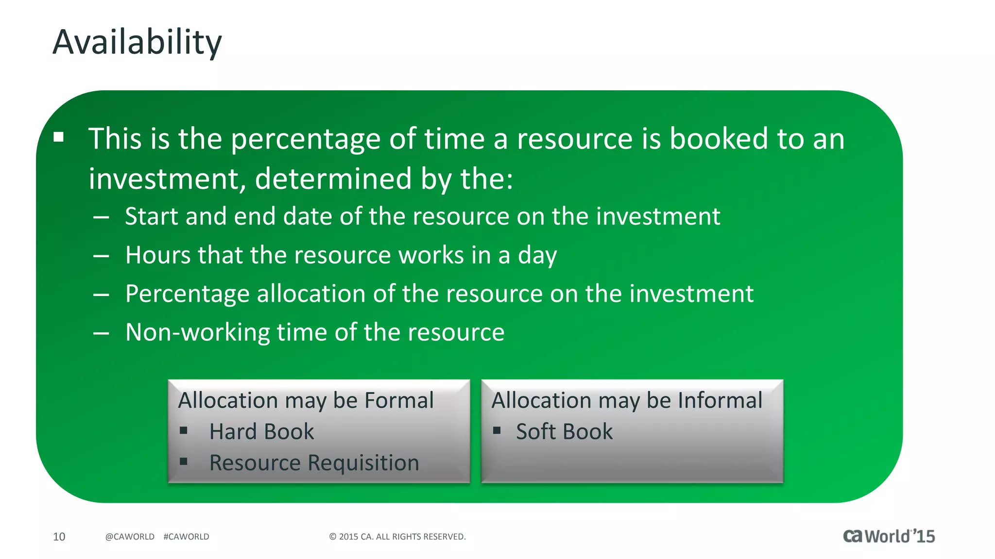 11 © 2015 CA. ALL RIGHTS RESERVED.@CAWORLD #CAWORLD
Demo
 Team
— Default
— Allocation Segments
— Allocation Detail
— Capitalization %
— Cost Plan based on
Investment Team
 Resource
— Allocation Summary
— Allocation Detail
 Resource Requisition
— Project Manager requests
— Resource Manager fills request
 