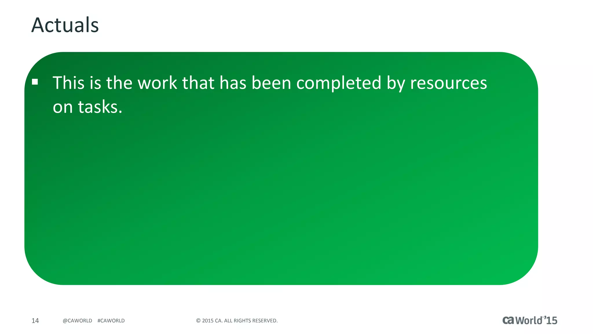 15 © 2015 CA. ALL RIGHTS RESERVED.@CAWORLD #CAWORLD
Demo
 Timesheets
– Actual work
– Save
– Proposed ETC
– Pending Actuals
– Submit/Approve/Post
 Portlets
– Team Member Task Summary
– Task Assignment
– Timesheet Overview
 