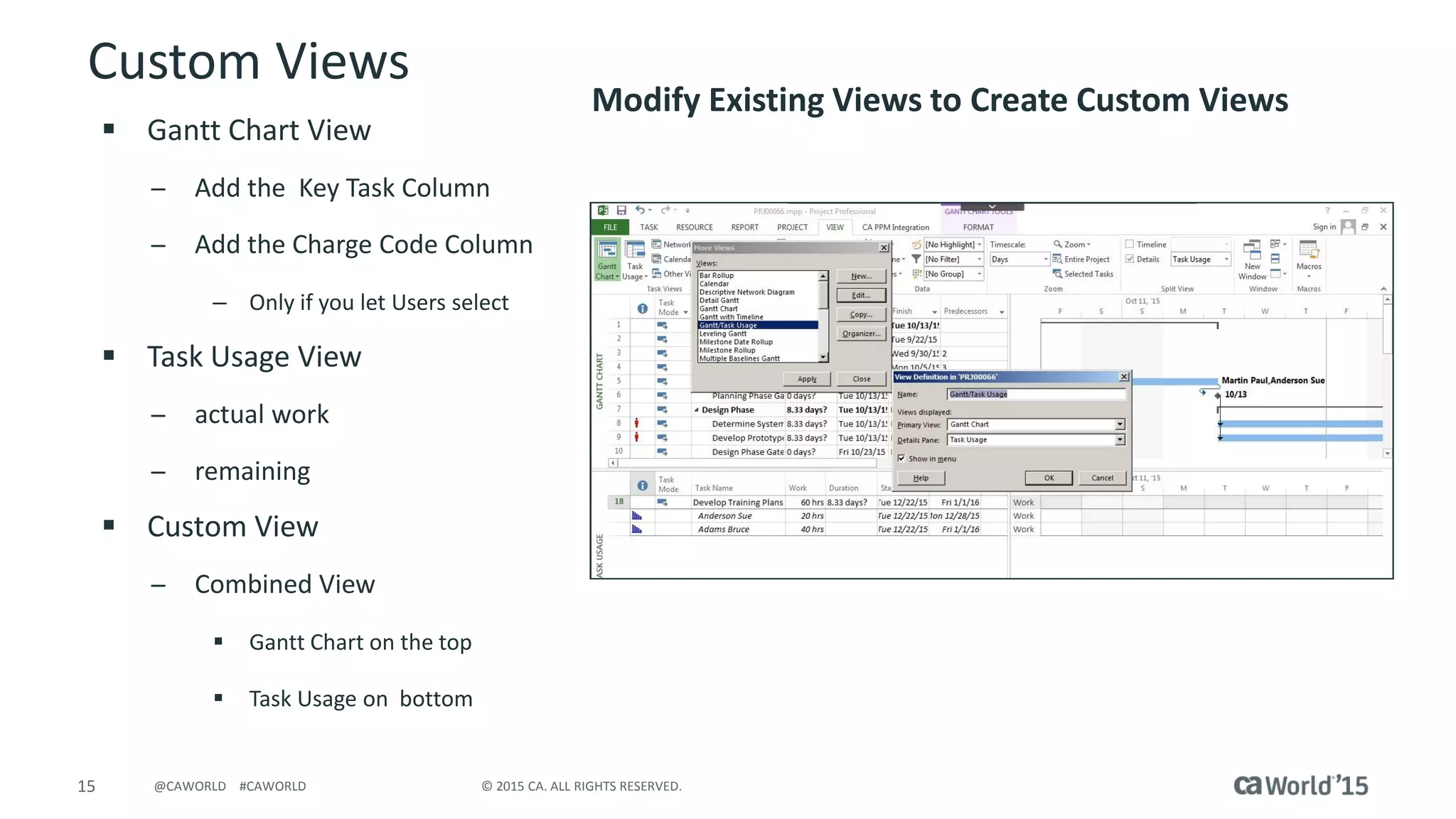 15 © 2015 CA. ALL RIGHTS RESERVED.@CAWORLD #CAWORLD
Custom Views
 Gantt Chart View
̶ Add the Key Task Column
̶ Add the Charge Code Column
– Only if you let Users select
 Task Usage View
̶ actual work
̶ remaining
 Custom View
̶ Combined View
 Gantt Chart on the top
 Task Usage on bottom
Modify Existing Views to Create Custom Views
 