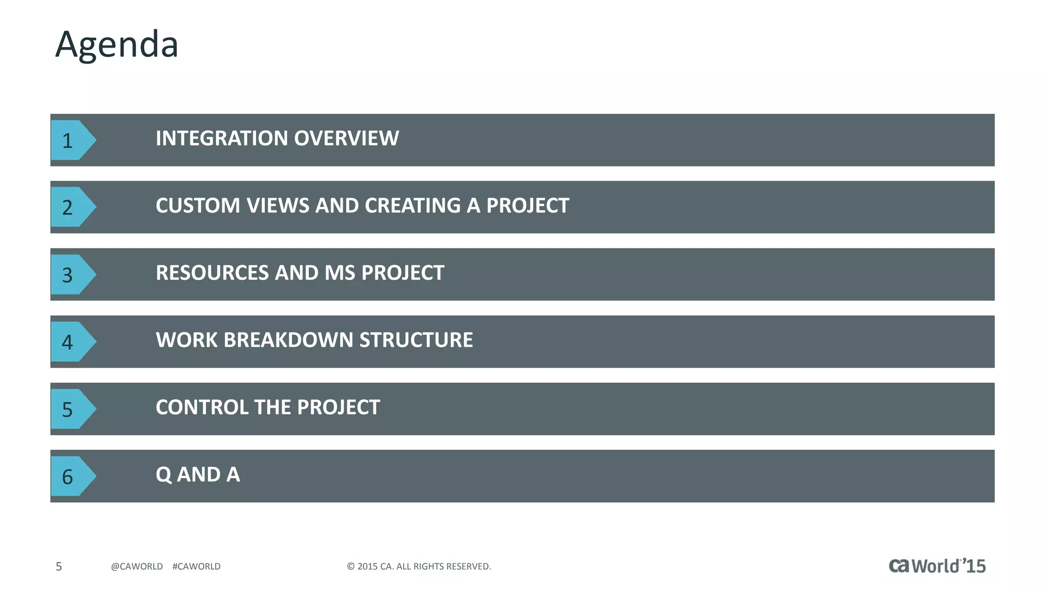 5 © 2015 CA. ALL RIGHTS RESERVED.@CAWORLD #CAWORLD
Agenda
INTEGRATION OVERVIEW
CUSTOM VIEWS AND CREATING A PROJECT
Q AND A
RESOURCES AND MS PROJECT
WORK BREAKDOWN STRUCTURE
CONTROL THE PROJECT
1
2
3
4
5
6
 