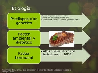 Etiología 
•Negros>hispanos>blancos>asiáticos 
•Familiar en 1er grado aumenta 18% 
•Cromosoma X, 1q24-Predisposición 25 contiene gen HPC1 y HPC2 
genética 
Factor 
ambiental y 
dietético 
• Altos niveles séricos de 
Factor testosterona y IGF-1 
hormonal 
Hedenreich, Bolla, Jonisu. Guía Clínica sobre el cáncer de próstata. Asociación europea de 
urología. 2010. 
 