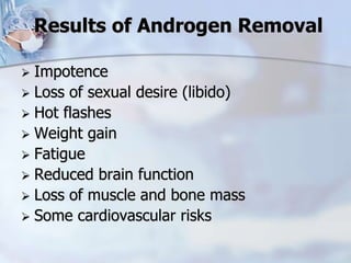 Results of Androgen Removal
 Impotence
 Loss of sexual desire (libido)
 Hot flashes
 Weight gain
 Fatigue
 Reduced brain function
 Loss of muscle and bone mass
 Some cardiovascular risks
 