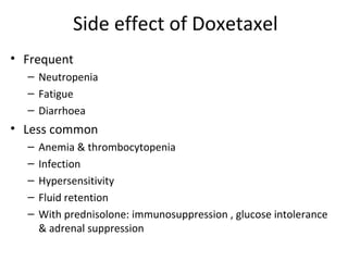 Side effect of Doxetaxel
• Frequent
  – Neutropenia
  – Fatigue
  – Diarrhoea
• Less common
  –   Anemia & thrombocytopenia
  –   Infection
  –   Hypersensitivity
  –   Fluid retention
  –   With prednisolone: immunosuppression , glucose intolerance
      & adrenal suppression
 