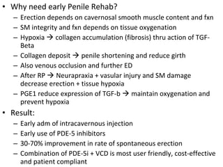 • Why need early Penile Rehab?
   – Erection depends on cavernosal smooth muscle content and fxn
   – SM integrity and fxn depends on tissue oxygenation
   – Hypoxia  collagen accumulation (fibrosis) thru action of TGF-
     Beta
   – Collagen deposit  penile shortening and reduce girth
   – Also venous occlusion and further ED
   – After RP  Neurapraxia + vasular injury and SM damage
     decrease erection + tissue hypoxia
   – PGE1 reduce expression of TGF-b  maintain oxygenation and
     prevent hypoxia
• Result:
   –   Early adm of intracavernous injection
   –   Early use of PDE-5 inhibitors
   –   30-70% improvement in rate of spontaneous erection
   –   Combination of PDE-5i + VCD is most user friendly, cost-effective
       and patient compliant
 