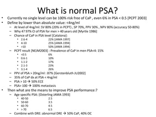 What is normal PSA?
•   Currently no single level can be 100% risk free of CaP , even 6% in PSA < 0.5 [PCPT 2003]
•   Define by lower than absolute value: <4ng/ml
     – At level of 4ng/ml: SV 80% (20% in PCPT) , SP 70%, PPV 30% , NPV 80% (accuracy 50-80%)
     – Why 4? 97% CI of PSA for men > 40 years old [Myrtle 1986]
     – Chance of CaP in PSA level [Catalona]:
          • 2.6-4              22% [JAMA 1997]
          • 4-10               25% [JAMA 1994]
          • >10                50% [JAMA 1994]
     – PCPT result [NEJM2003] : Prevalence of CaP In men PSA<4: 15%
          •   <0.5             6%
          •   0.6-1            10%
          •   1.1-2            17%
          •   2.1-3            23%
          •   3.1-4            26%
     –   PPV of PSA > 20ng/ml : 87% [Gerstenbluth JU2002]
     –   35% of CaP dx at PSA < 4ng/ml
     –   PSA > 10  50% ECE
     –   PSA> 100  100% metastasis
•   Then what are the means to improve PSA performance:?
     – Age specific PSA: [Osterling JAMA 1993]
          •   40-50            2.5
          •   50-60            3.5
          •   60-70            4.5
          •   > 70             6.5
     – Combine with DRE: abnormal DRE  50% CaP, 40% OC
 