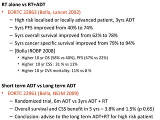 RT alone vs RT+ADT
• EORTC 22863 (Bolla, Lancet 2002)
   – High risk localised or locally advanced patient, 3yrs ADT
   – 5yrs PFS improved from 40% to 74%
   – 5yrs overall survival improved from 62% to 78%
   – 5yrs cancer specific survival improved from 79% to 94%
   – [Bolla IROBP 2008]
       • Higher 10 yr OS (58% vs 40%), PFS (47% vs 22%)
       • Higher 10 yr CSS : 31 % vs 11%
       • Higher 10 yr CVS mortality: 11% vs 8 %


Short term ADT vs Long term ADT
• EORTC 22961 (Bolla, NEJM 2009)
   – Randomized trial, 6m ADT vs 3yrs ADT + RT
   – Overall survival and CSS benefit in 5 yrs – 3.8% and 1.5% (p 0.65)
   – Conclusion: advise to the long term ADT+RT for high risk patient
 
