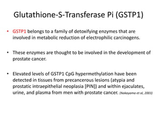 Glutathione-S-Transferase Pi (GSTP1)
• GSTP1 belongs to a family of detoxifying enzymes that are
involved in metabolic reduction of electrophilic carcinogens.
• These enzymes are thought to be involved in the development of
prostate cancer.
• Elevated levels of GSTP1 CpG hypermethylation have been
detected in tissues from precancerous lesions (atypia and
prostatic intraepithelial neoplasia [PIN]) and within ejaculates,
urine, and plasma from men with prostate cancer. (Nakayama et al, 2003)
 