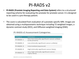 PI-RADS v2
• PI-RADS (Prostate Imaging Reporting and Data System) refers to a structured
reporting scheme for evaluating the prostate for prostate cancer. It is designed
to be used in a pre-therapy patient.
• The score is calculated from evaluation of a prostate specific MRI. Images are
obtained using a multiparametric technique including T2 weighted images, a
dynamic contrast study (DCE), and Diffusion-weighted imaging (DWI).
 